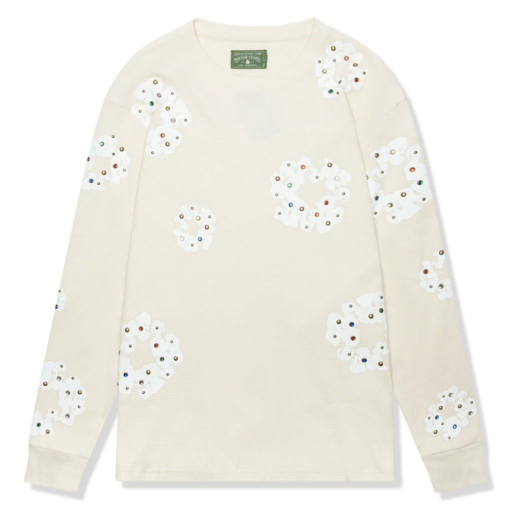 DMT Rhinestone The Cotton Wreath Long-Sleeve Thermal Oatmeal T Shirt