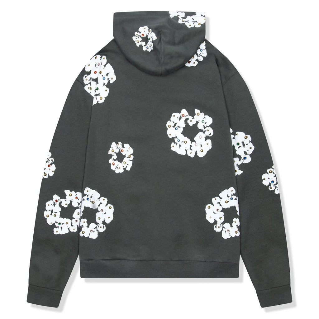 DMT Rhinestone The Cotton Wreath Vintage Black Zip-Up Hoodie