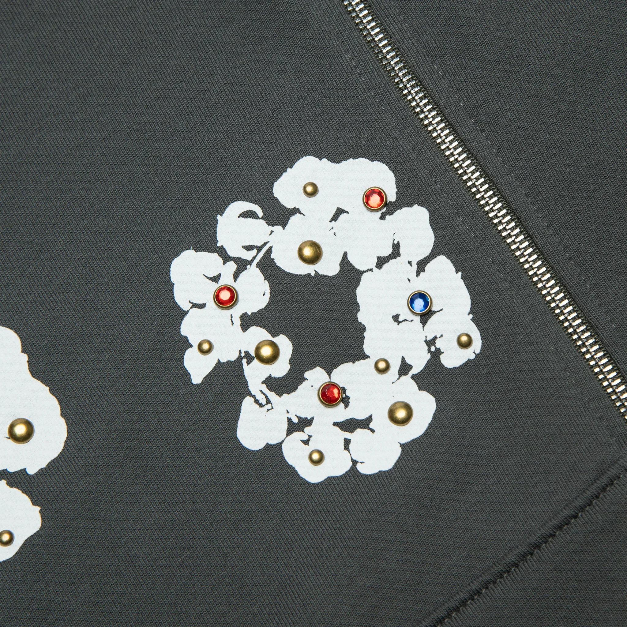 DMT Rhinestone The Cotton Wreath Vintage Black Zip-Up Hoodie