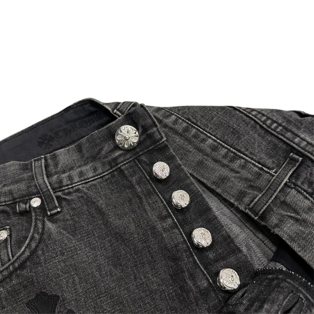 CH Black White Leather Cross Patch Fleur Knee Denim Jeans Grey