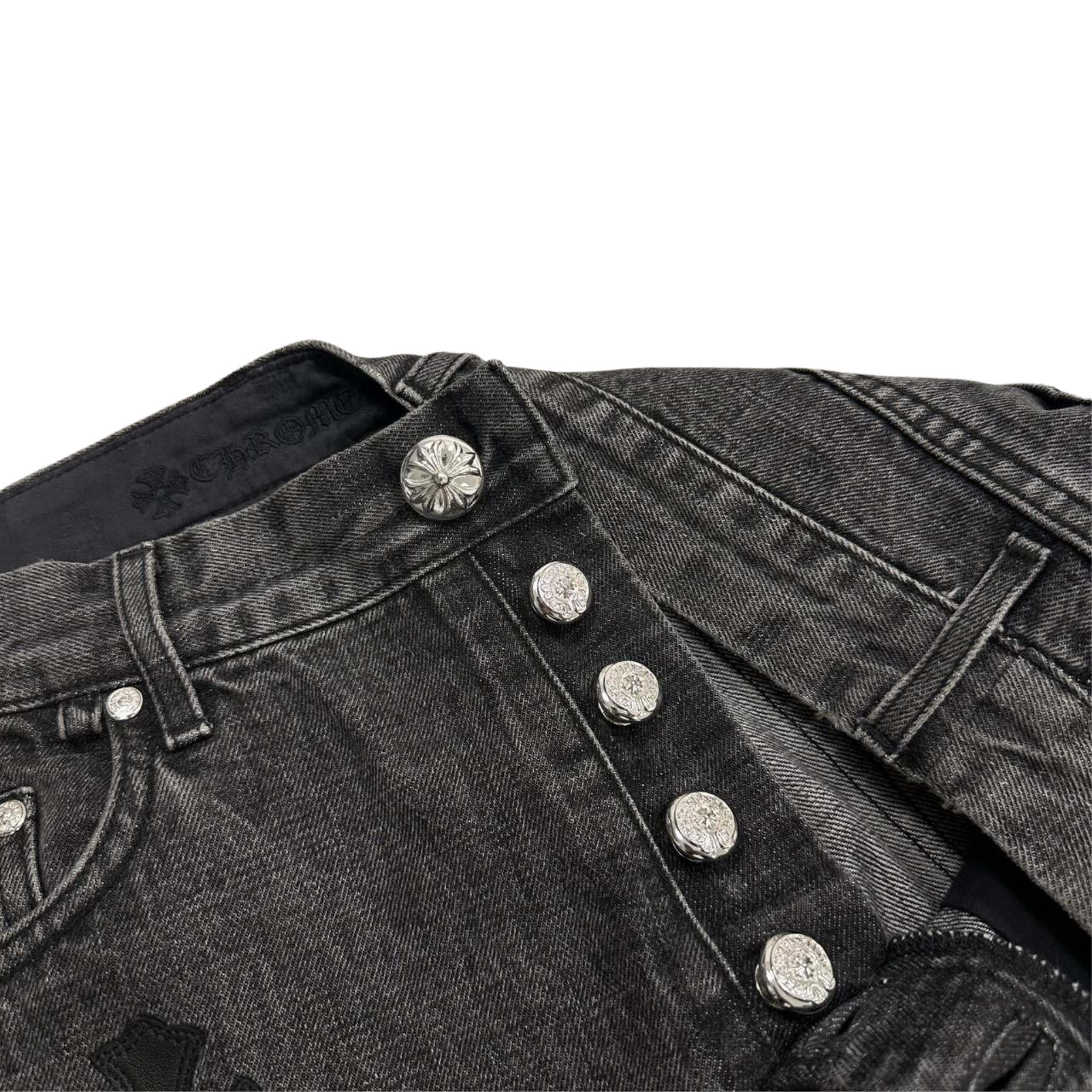CH Black White Leather Cross Patch Fleur Knee Denim Jeans Grey