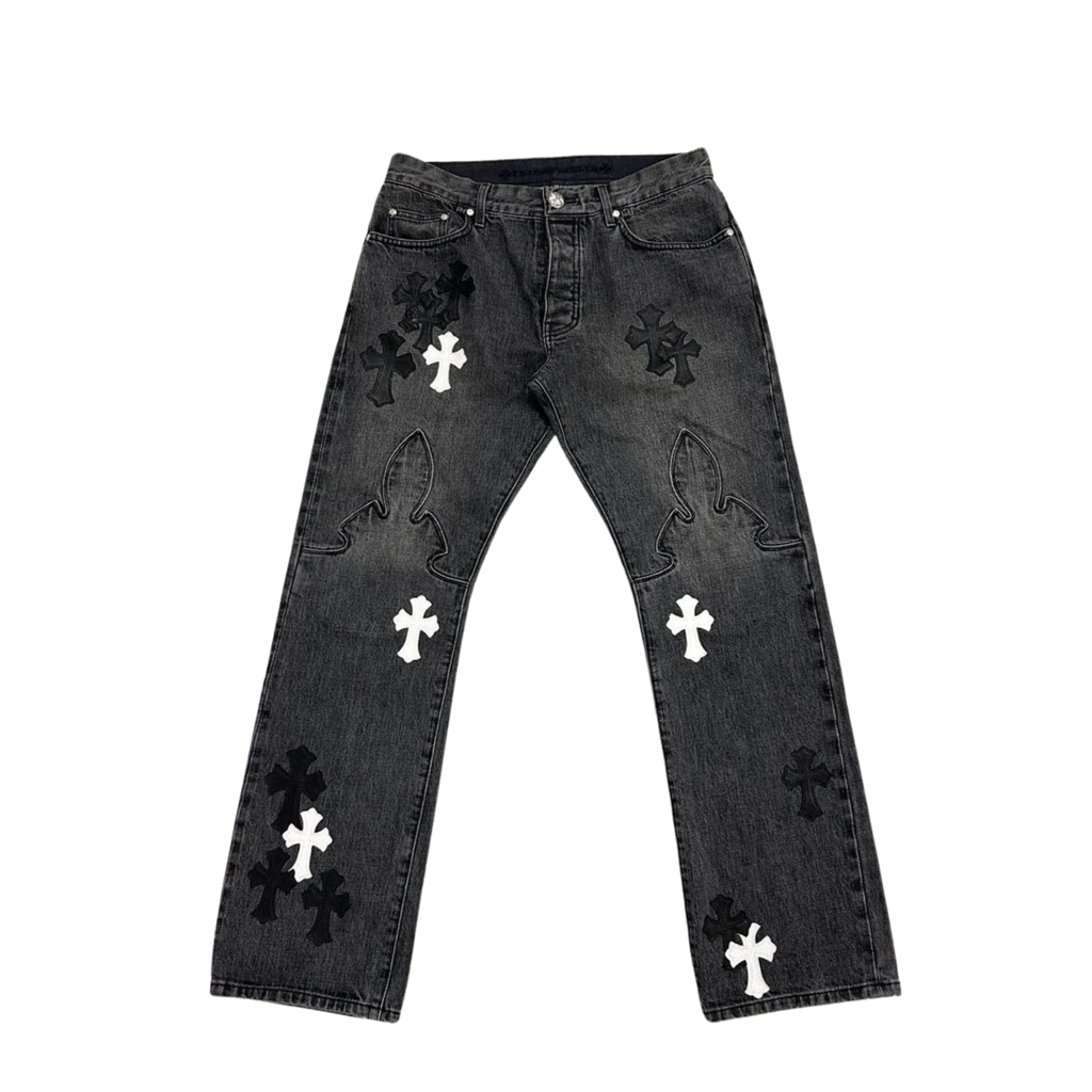 CH Black White Leather Cross Patch Fleur Knee Denim Jeans Grey