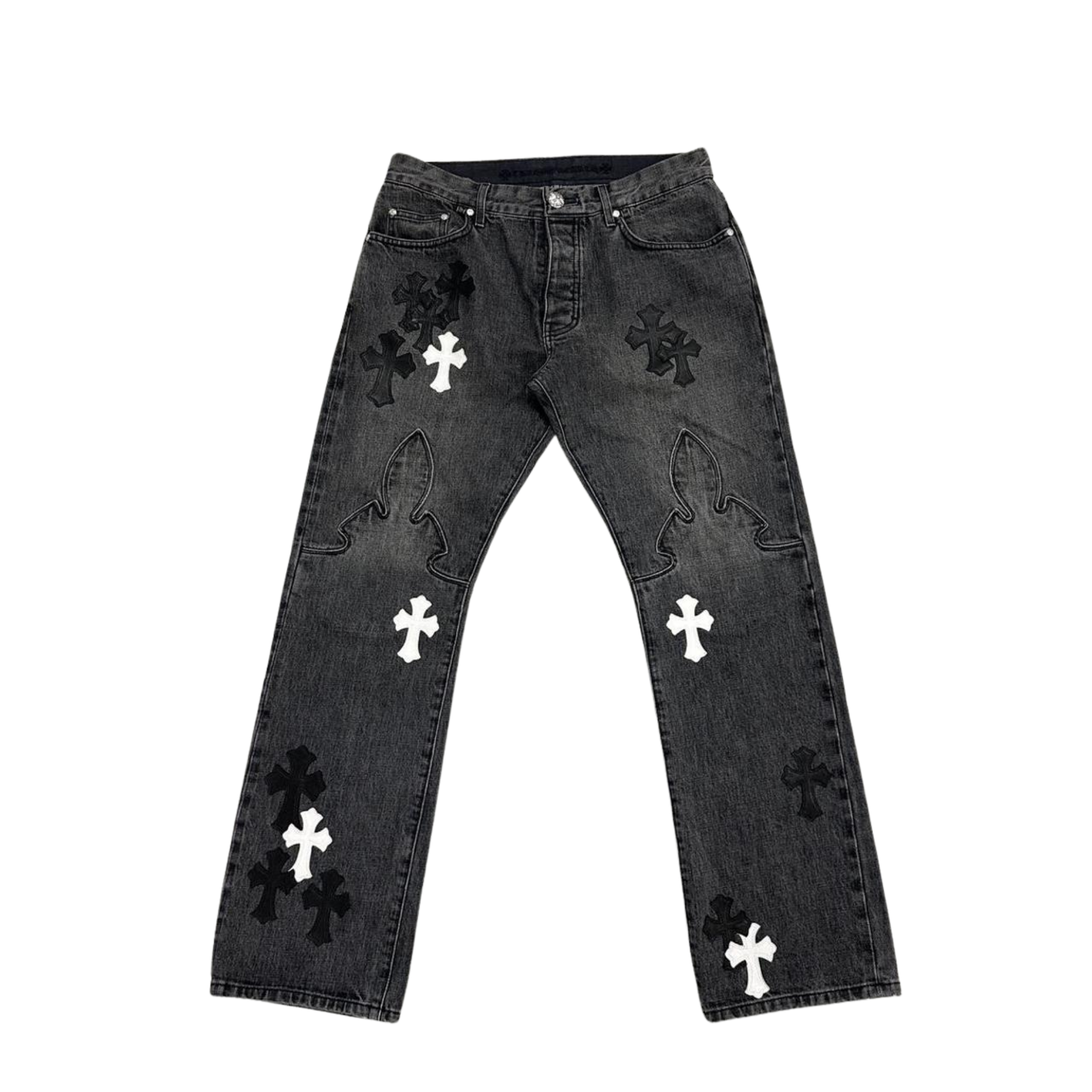 CH Black White Leather Cross Patch Fleur Knee Denim Jeans Grey