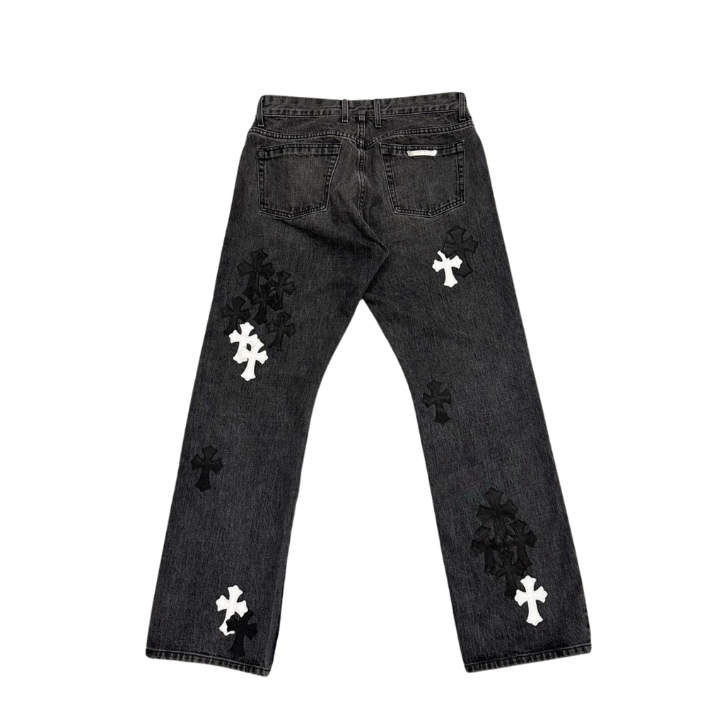 CH Black White Leather Cross Patch Fleur Knee Denim Jeans Grey