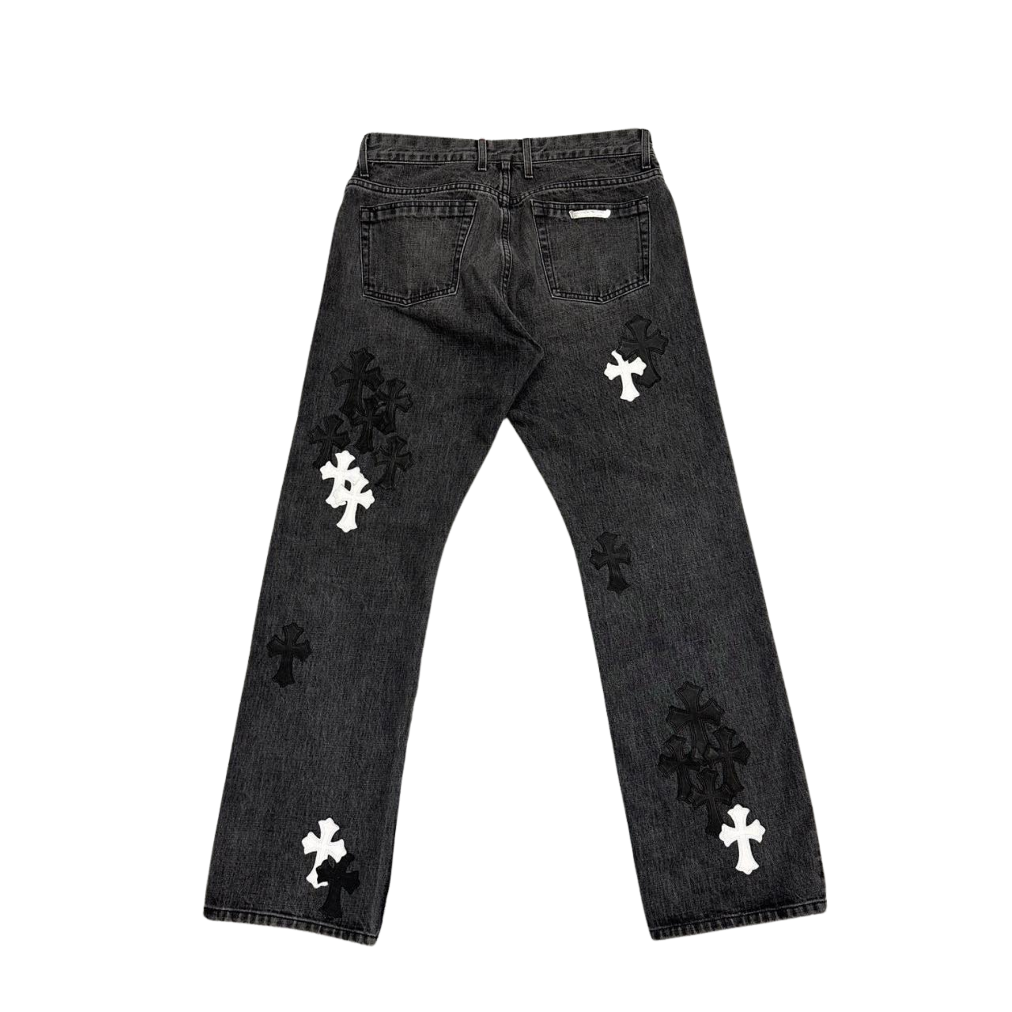 CH Black White Leather Cross Patch Fleur Knee Denim Jeans Grey